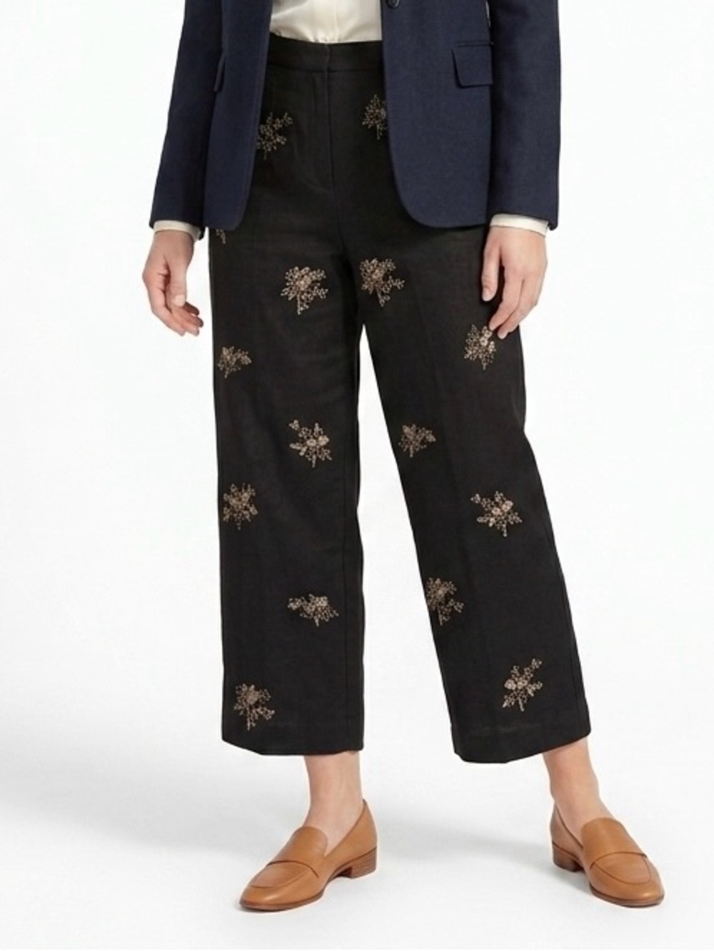 Edward Vintage Black Embroidered Linen Blend Pants Size 10 Lined Side Zip Wide L